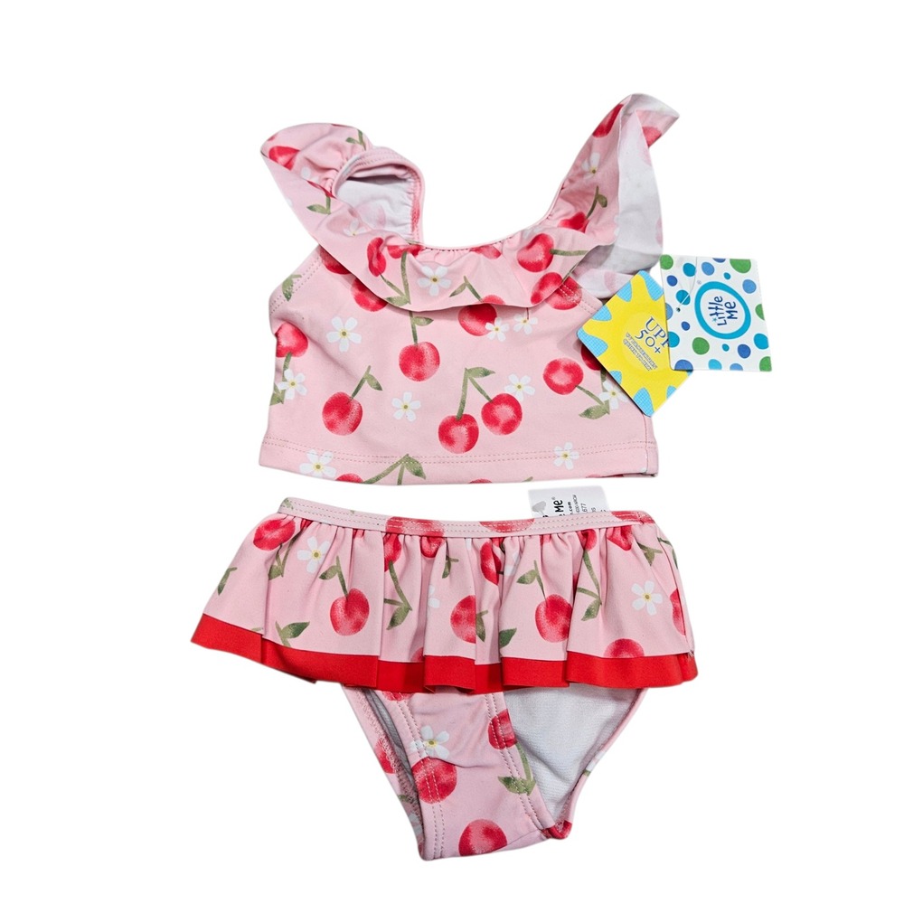 Little Me Swimsuit Baby Girl 6-9 Months Pink Cherry Ruffle Bow Bikini 2 Piece